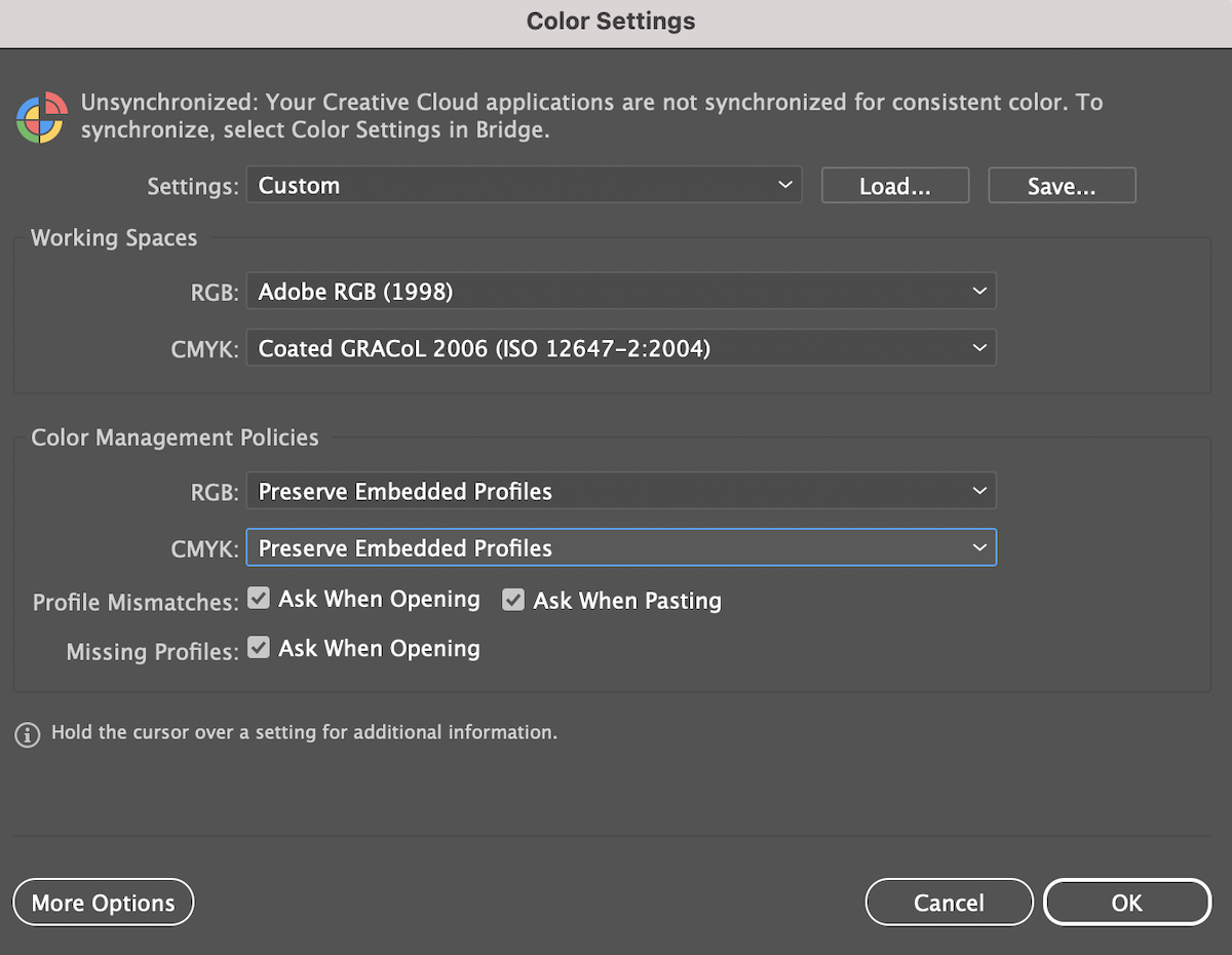Color Management Settings in Adobe - credit ColorCasters